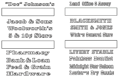 Western-style business names for Craftcutter. These are cut from stencil fonts, so you can use them as stencils if you wish to label your buildings that way. Click for bigger picture.